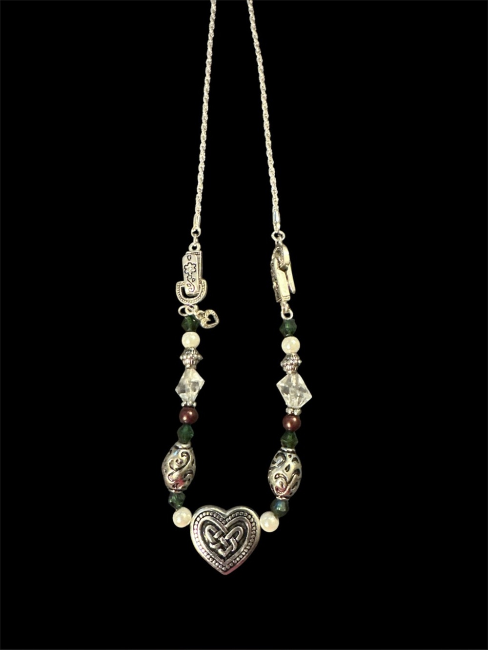 Brighton Silver Heart Necklace with Green, Cream and Brown Beads